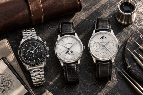 Flat lay of three luxury mechanical watches displaying chronograph, moon phase, and perpetual calendar complications on a slate table.