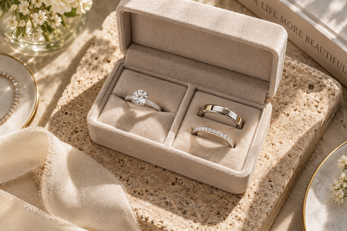 An open velvet box showcasing a diamond engagement ring next to a pair of matching metal and diamond wedding bands.