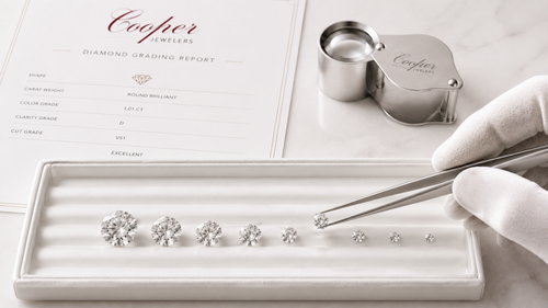 An overhead shot of a gloved hand using fine tweezers to select a loose round brilliant gemstone from a row of graduating carat sizes to help buyers navigate the balance between diamond clarity vs carat weight.