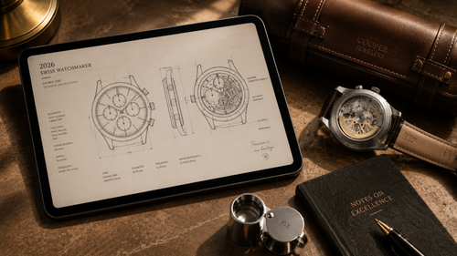 A tablet displaying technical watch movement blueprints resting next to an open-back Swiss watch, loupe, and watch roll representing a best imported watch brand.