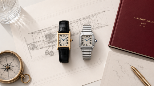 A premium flat lay showcasing a leather-strap Cartier Tank next to a steel-bracelet Cartier Santos positioned over an early 20th-century airplane blueprint schematic, exploring the design origins of a Cartier Tank vs Santos.