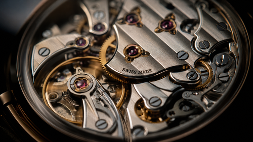 Macro extreme close-up of a Swiss mechanical watch movement showing rubies, balance wheel, and Côtes de Genève finishing.