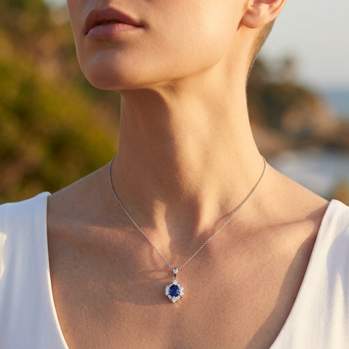 1.00 Carat Blue Sapphire And .70 Carat Bageutte And Round Cut diamond Pendant