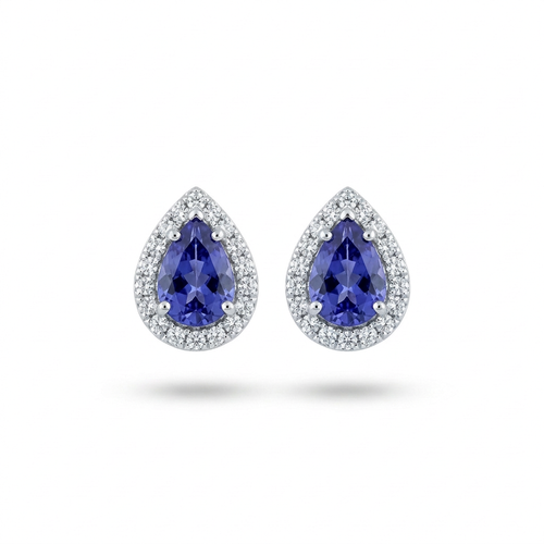 1.10 Carat Pear Cut Tanzanite And .80 Carat Round Cut Diamond 14kt Halo Earrings
