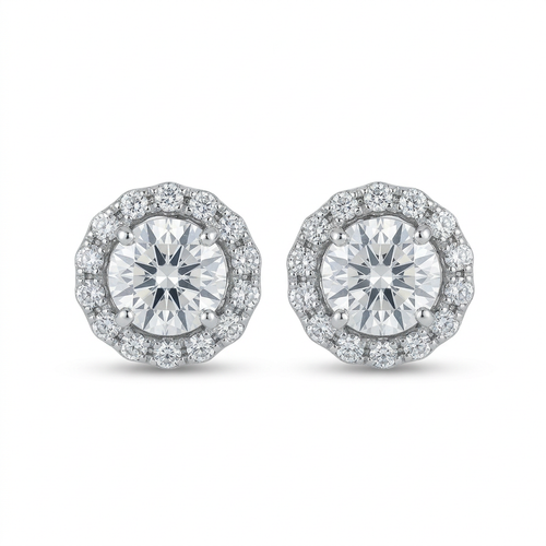 1.20 Carat Round Cut Diamond And .38 Carat Diamond Halo Stud Earrings