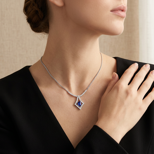 1.35 Carat Oval Shape Sapphire And 1.80 Carat Round Cut Diamond Necklace