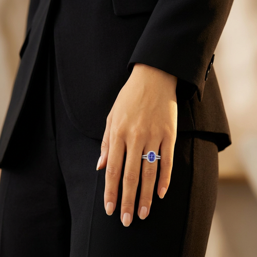 1.50 Carat Oval Cut Tanzanite And 1.10 Carat Round Cut Diamond 18kt Hidden Halo Ring
