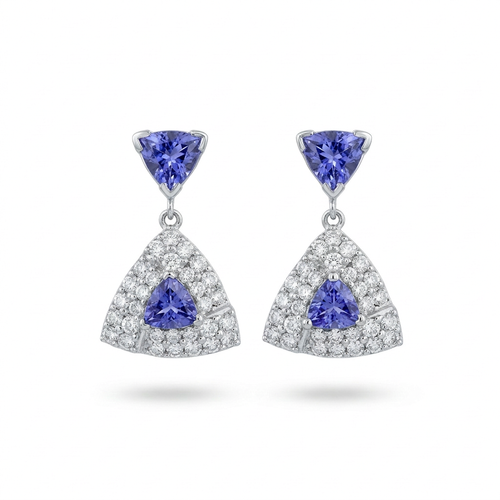 1.80 Carat Trillion Cut Tanzanite And .50 Carat Round Cut Diamond 14kt Earrings