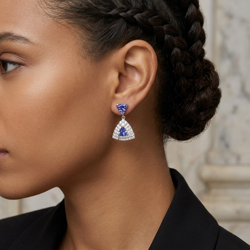 1.80 Carat Trillion Cut Tanzanite And .50 Carat Round Cut Diamond 14kt Earrings