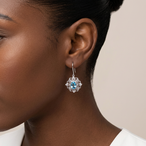10kt White Gold Blue Topaz Dangles Earring- E375