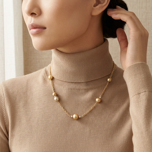 Brown South Sea Pearl And Diamond 14kt Yellow Gold Station Necklace