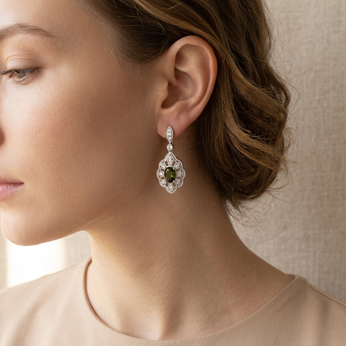 14kt White Gold Diamond and Green Quartz Earring- E373