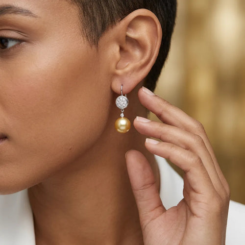 13mm Golden South Sea Pearl And 1.10 Carat Diamond 18kt Earrings