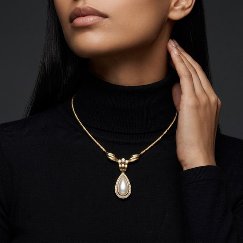 Drop Pearl And .45 Carat Diamond 18kt Two-Tone Necklace