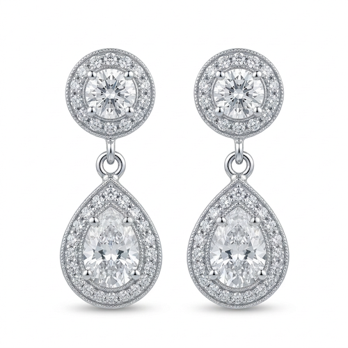 2.01 Carat Pear Cut Diamond And 1.50 Carat Round Cut Diamond 18kt Halo Drop Earrings