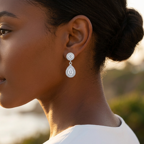 2.01 Carat Pear Cut Diamond And 1.50 Carat Round Cut Diamond 18kt Halo Drop Earrings