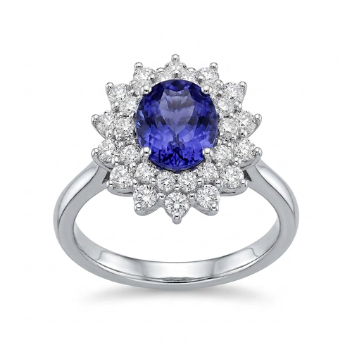 2.50 Carat Oval Cut Tanzanite And Round Cut Diamond 14kt Double Halo Ring