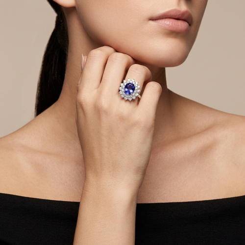 2.50 Carat Oval Cut Tanzanite And Round Cut Diamond 14kt Double Halo Ring