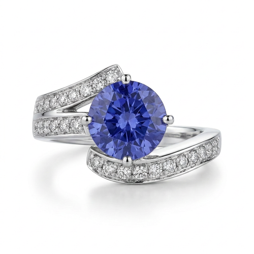 2.51 Carat Round Cut Tanzanite And .44 Carat Round Cut Diamond 14kt Bypass Ring