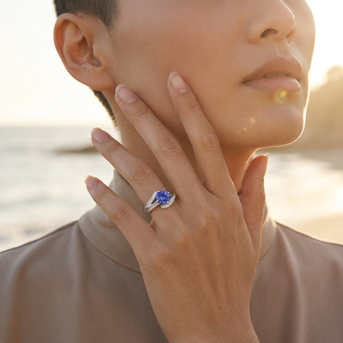 2.51 Carat Round Cut Tanzanite And .44 Carat Round Cut Diamond 14kt Bypass Ring