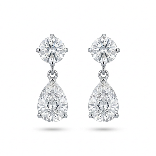 2.53 Carat Pear Cut Diamond And 1.22 Carat Round Cut Diamond 18kt Drop Earrings