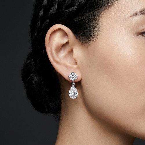 2.53 Carat Pear Cut Diamond And 1.22 Carat Round Cut Diamond 18kt Drop Earrings