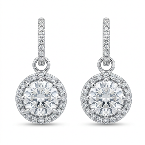 2.53 Carat Round Cut Diamond And .80 Carat Diamond Halo 18kt Dangle Earrings
