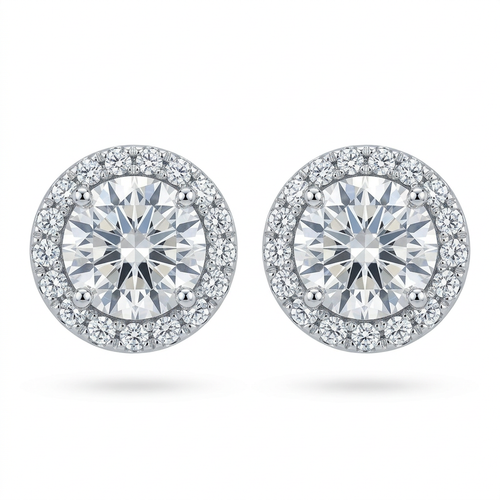 3.00 Carat Round Cut Diamond And .50 Carat Diamond Halo 14kt Stud Earrings