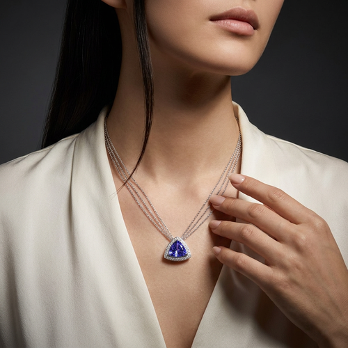 3.18 Carat Trillion Cut Tanzanite And .50 Carat Round Cut Diamond 18kt Pendant Necklace
