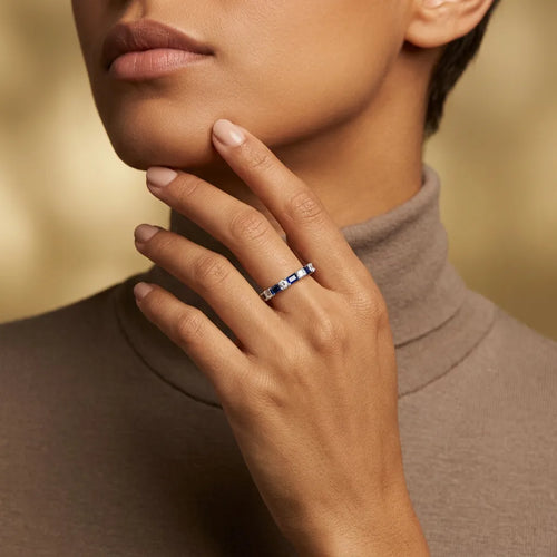 1.05 Carat Baguette Cut Blue Sapphire And 0.50 Carat Round Cut Diamond Band