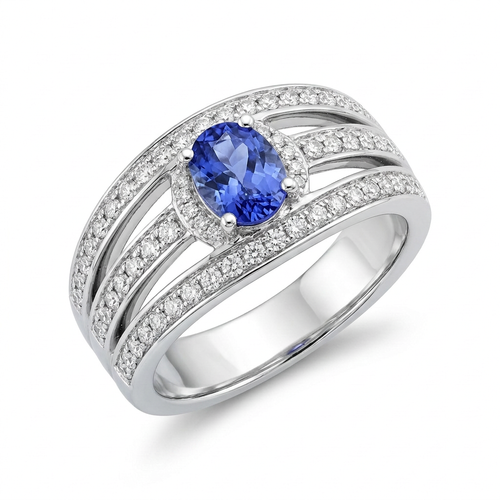 .90 Carat Oval Cut Tanzanite And .50 Carat Round Cut Diamond 14kt Three Row Ring