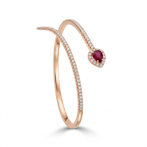 .94 Carat Pear Cut Pink Tourmaline And .50 Carat Round Cut Diamond 18kt Rose Gold Bypass Bangle