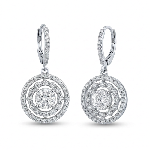 .95 Carat Round Cut Diamond And .95 Carat Diamond Double Halo 14kt Dangle Earrings