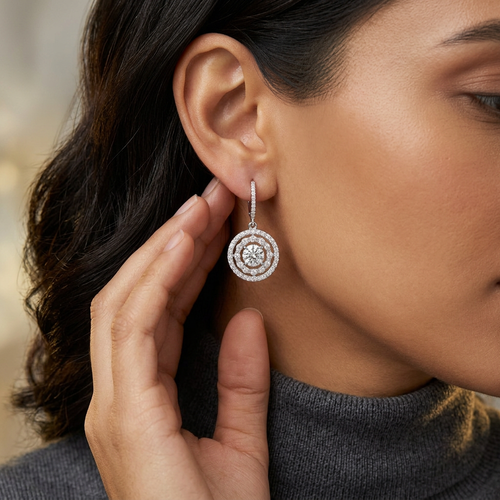 .95 Carat Round Cut Diamond And .95 Carat Diamond Double Halo 14kt Dangle Earrings