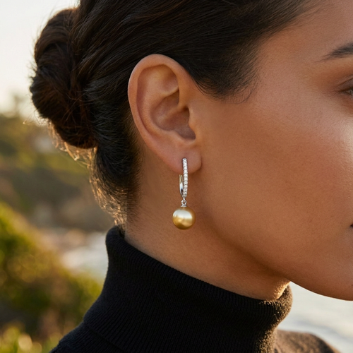 Yellow South Sea Pearl And .45 Carat Diamond 14kt Drop Earrings