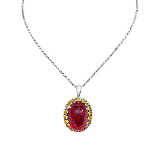 12.85 Carat Oval Cut Ruby And 1.50 Carat Yellow Diamond 18kt Pendant Necklace
