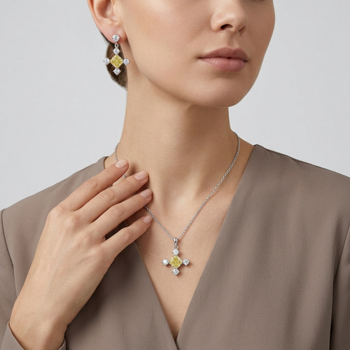 Radiant Cut Yellow Diamond And Round Cut Diamond Earrings and Pendants