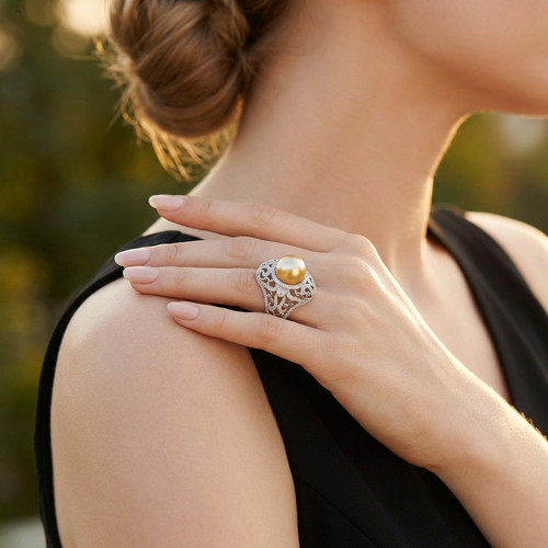 11mm Yellow South Sea Pearl And 1.50 Carat Diamond 18kt Ring