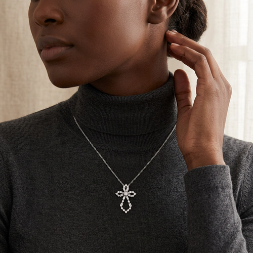 .70 Carat Round And Baguette Cut Diamond Cross 18kt White Gold Necklace
