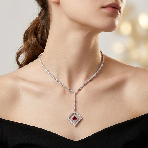 2.06 Carat Emerald Cut Ruby And 3.50 Carat Diamond 14kt Drop Necklace