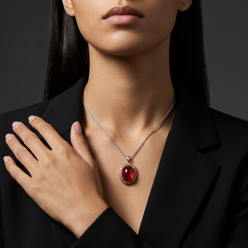 12.85 Carat Oval Cut Ruby And 1.50 Carat Yellow Diamond 18kt Pendant Necklace