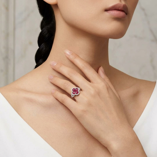 .82 Carat Ruby And .38 Carat Round Cut Diamond 18kt Flower Ring