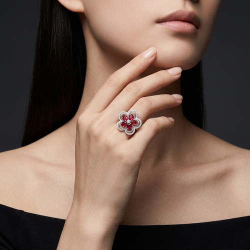 2.50 Carat Ruby And .38 Carat Round Cut Diamond 18kt Flower Ring