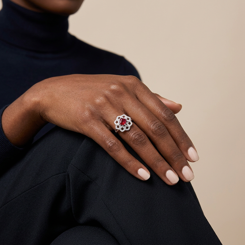 1.00 Carat Emerald Cut Ruby And .68 Carat Round Cut Diamond 18kt Ring